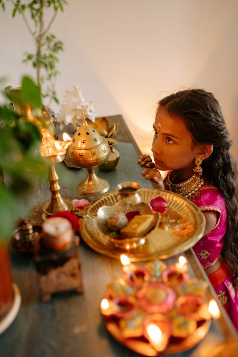 Girl Standing by Home Altar